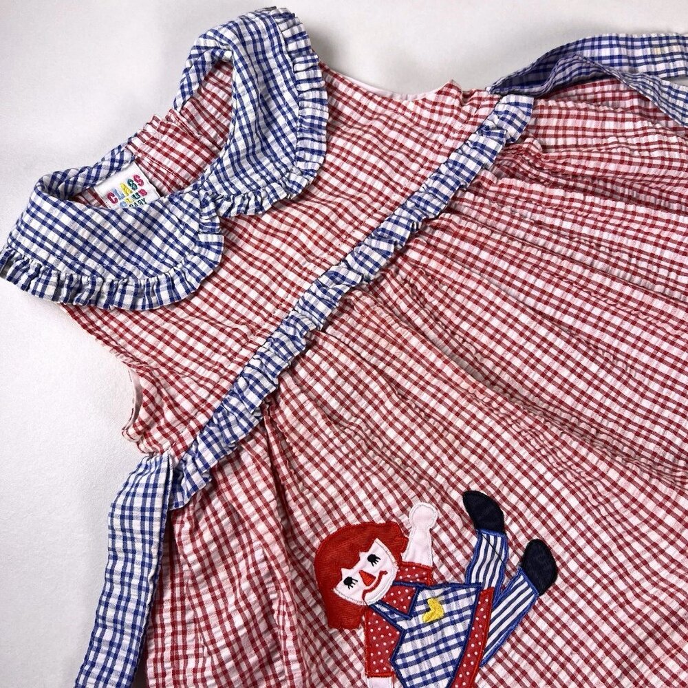 VTG Class Club Baby Girl Gingham Dress Raggedy Ann Doll Red Blue Sz 12 Months